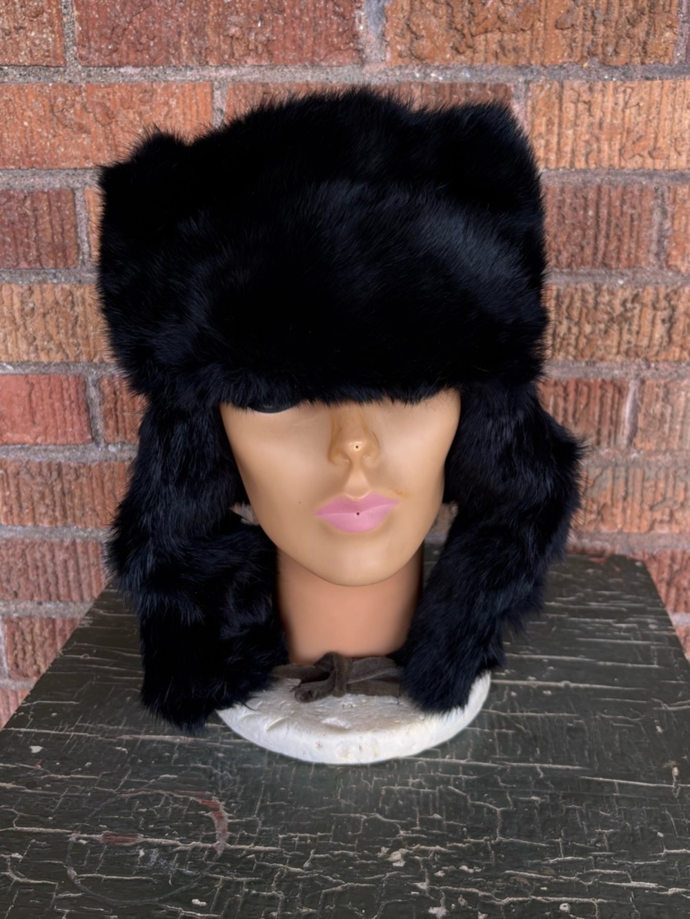 Vtg Genuine Rabbit Fur Hat Trapper Earflap Ushanka Black Sz XL American Classics